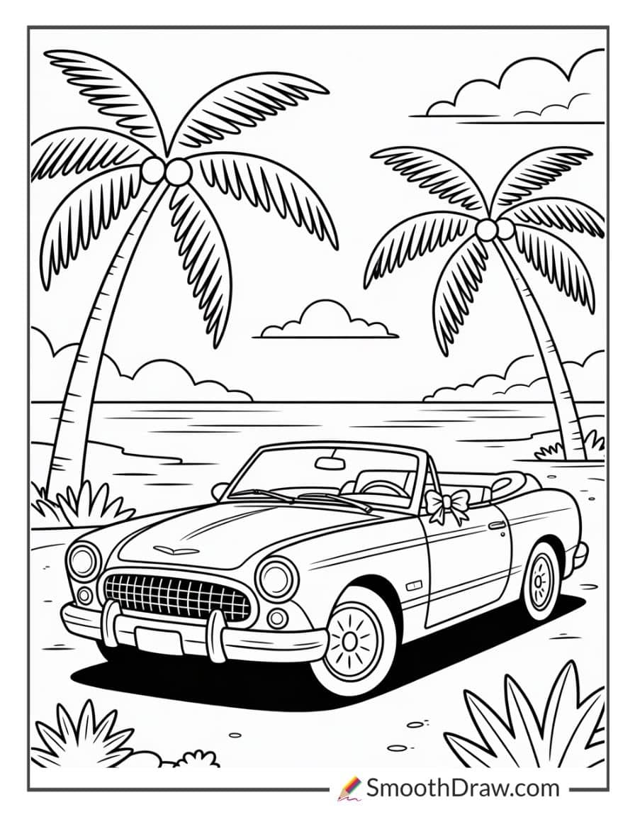 Preppy convertible car by the beach coloring sheet