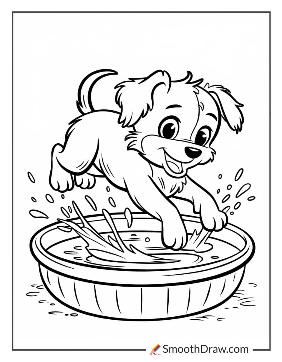 Puppy jumping into a kiddie pool