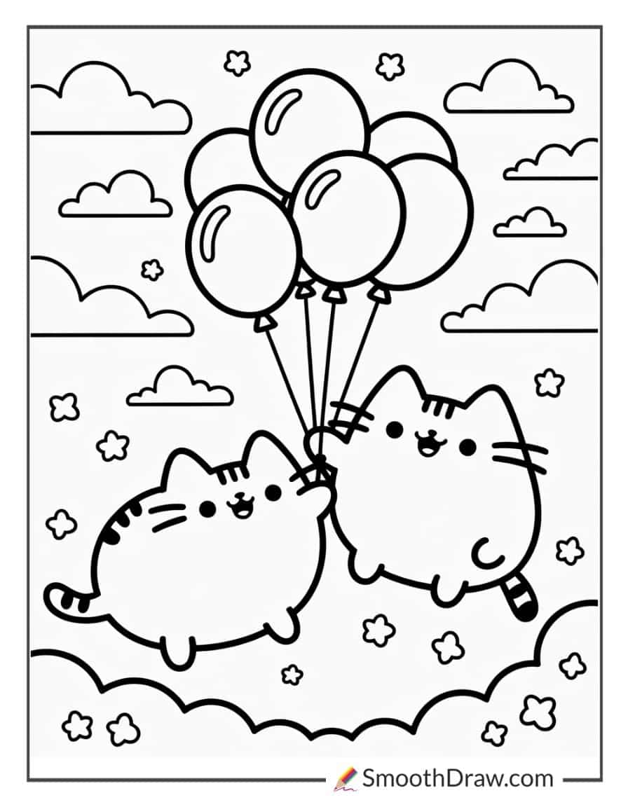Pusheen and Stormy playing with balloons