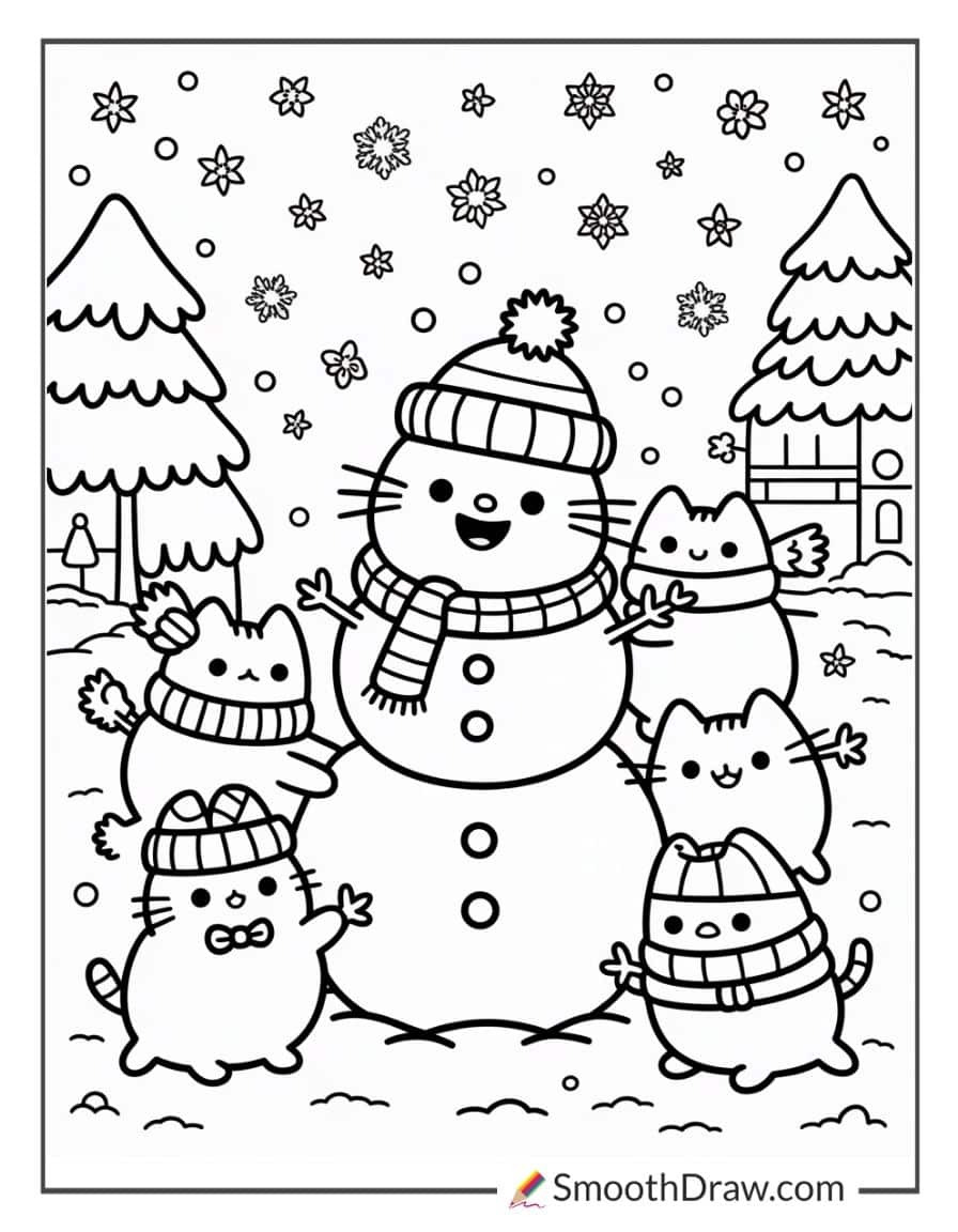 Pusheen and friends building a snowman