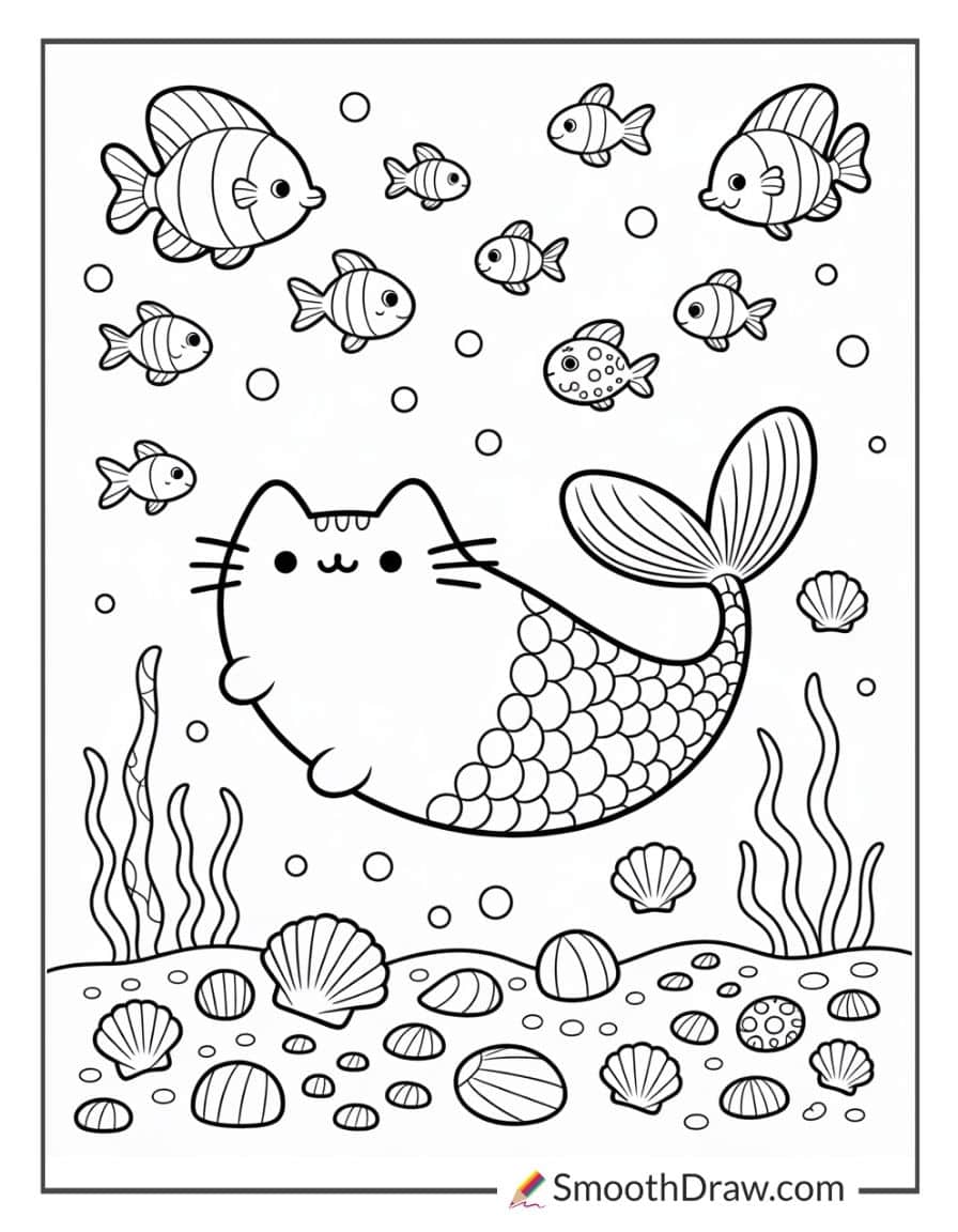 Pusheen as a mermaid in the ocean