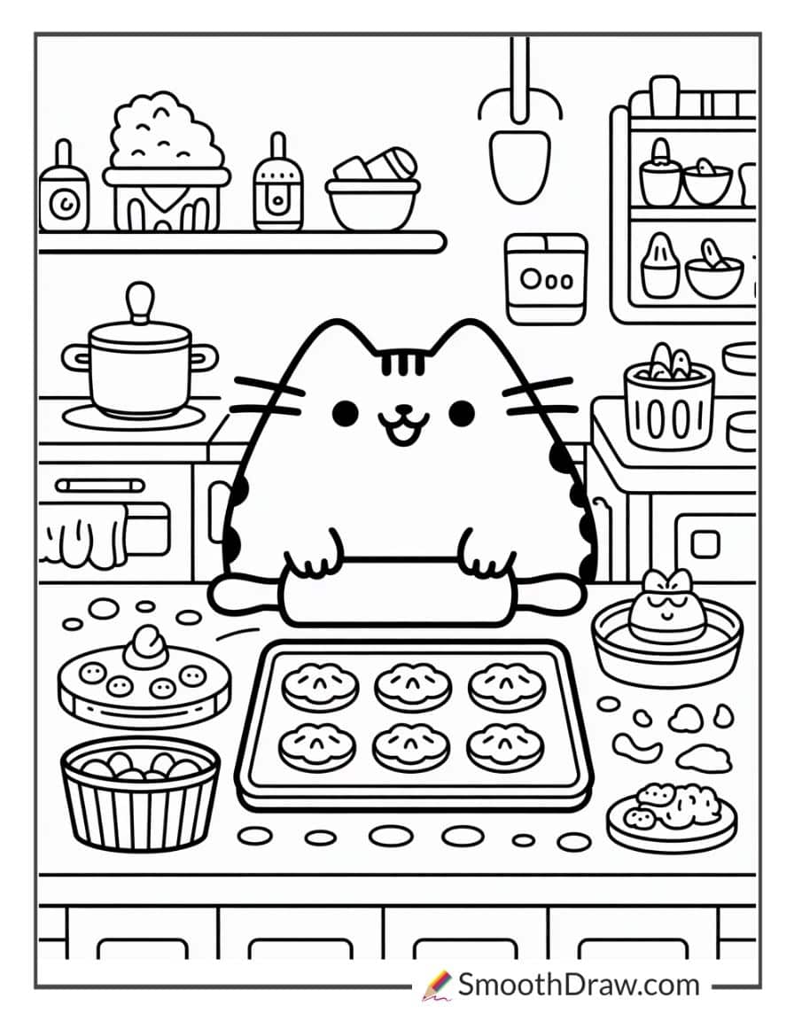 Pusheen baking cookies coloring sheet