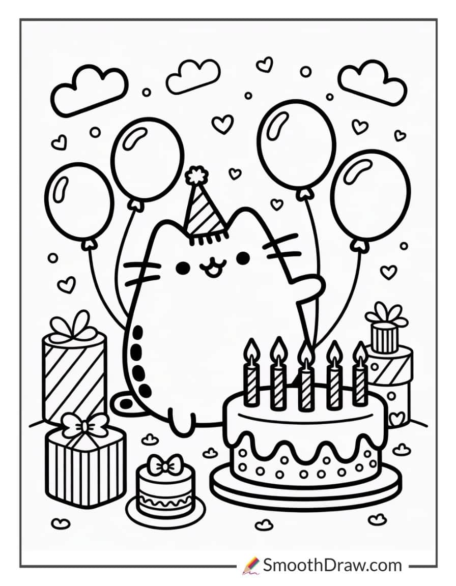 Pusheen celebrating a birthday coloring page