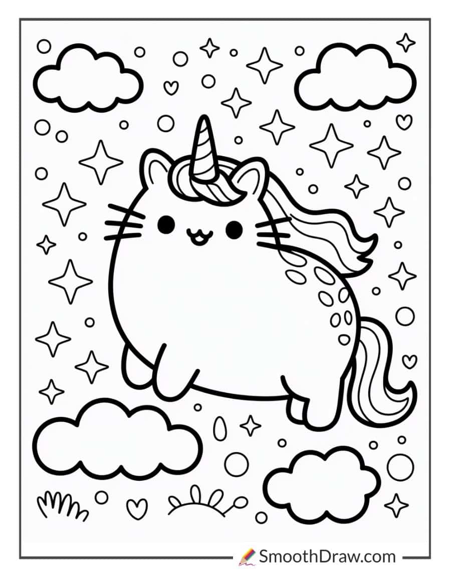 Pusheen dressed as a unicorn coloring page