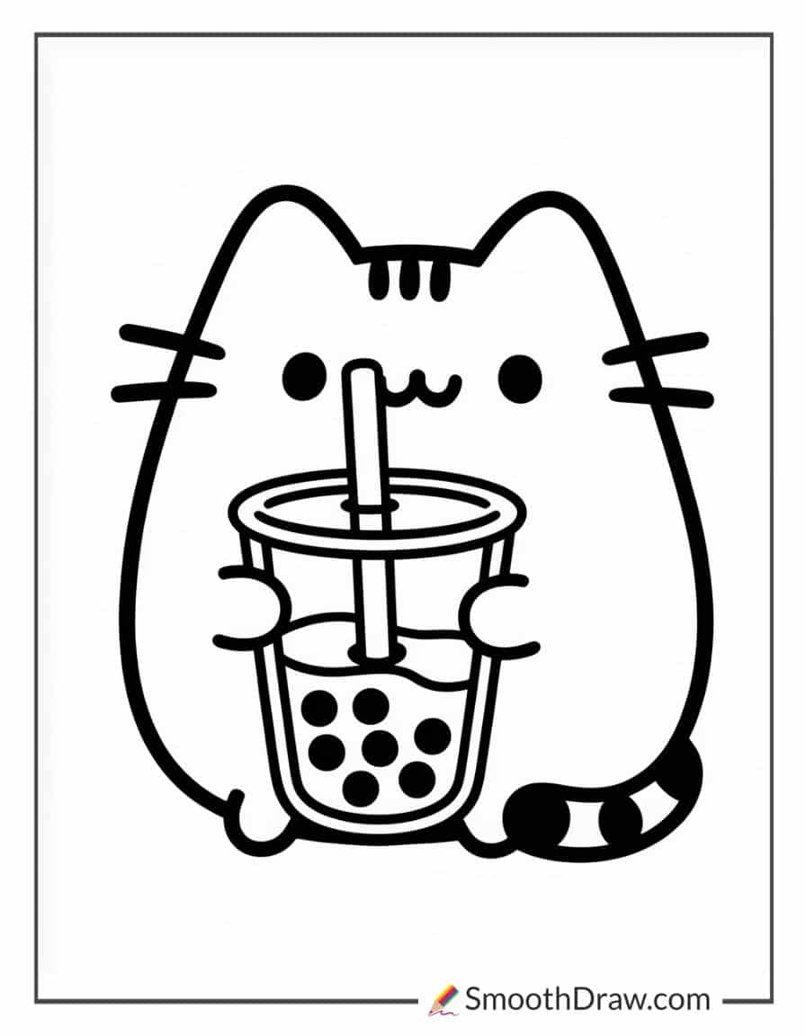 Pusheen drinking bubble tea coloring sheet