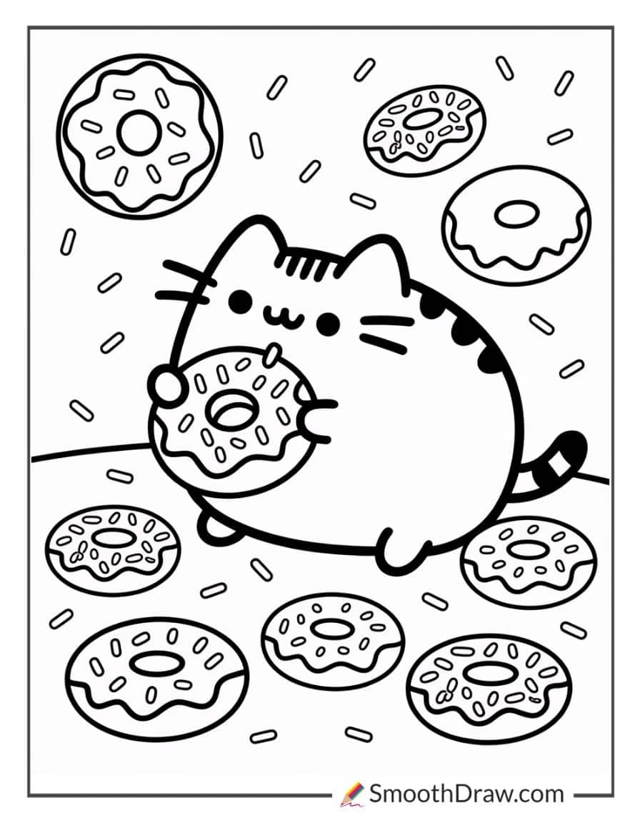 Pusheen eating donuts coloring sheet