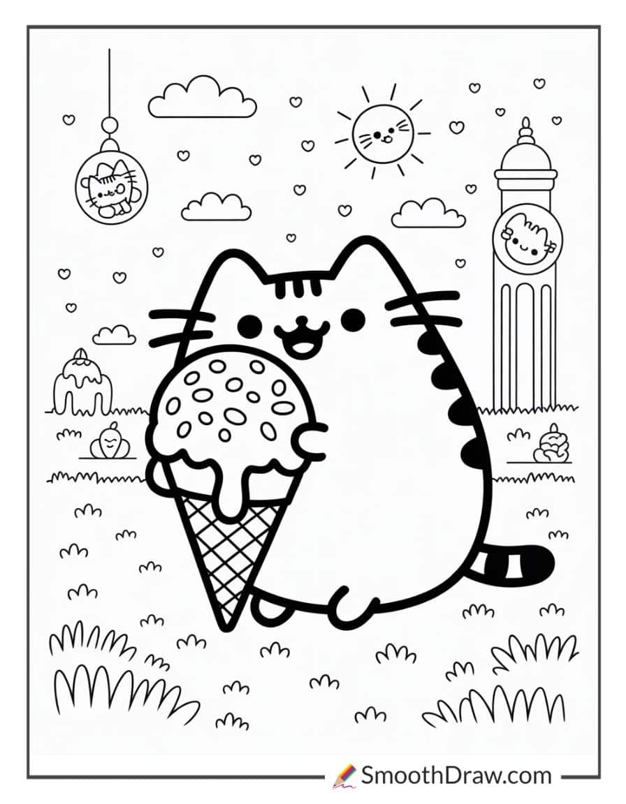 Pusheen eating ice cream coloring sheet