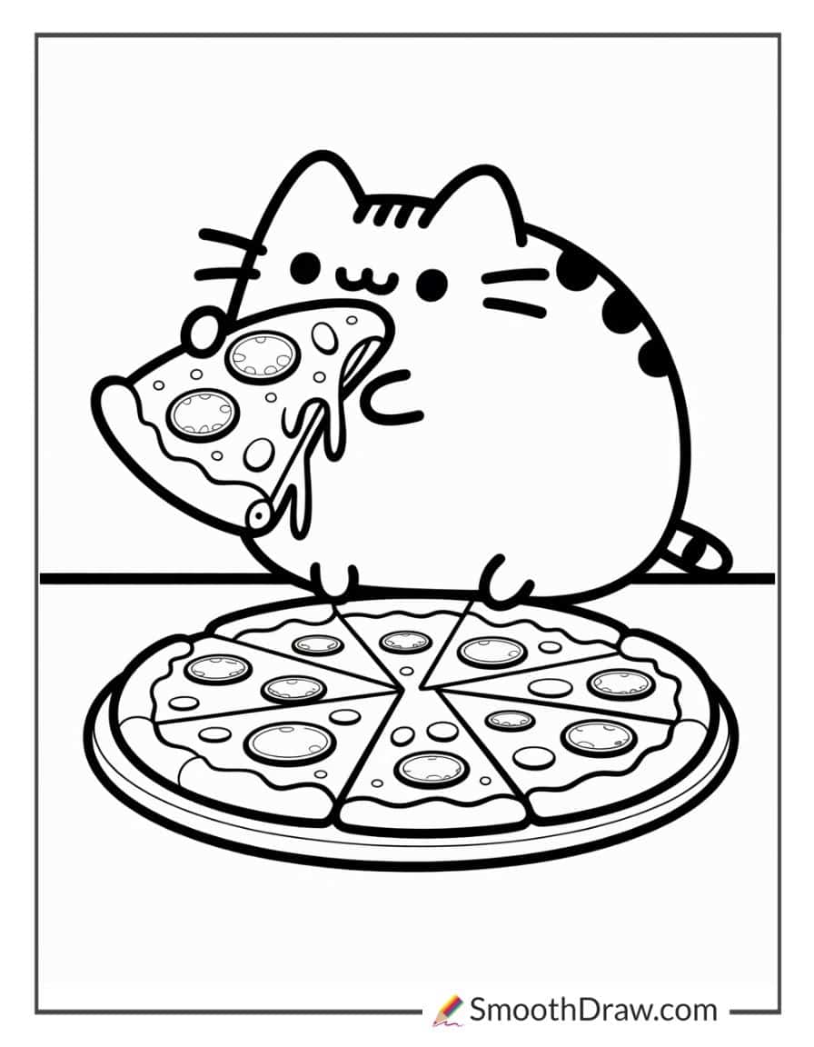 Pusheen eating pizza coloring page