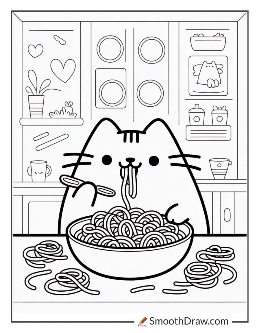 Pusheen eating spaghetti