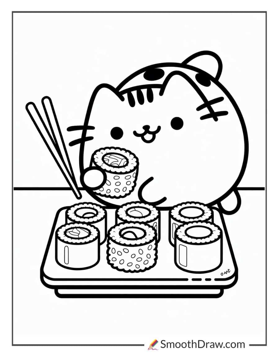 Pusheen eating sushi for coloring