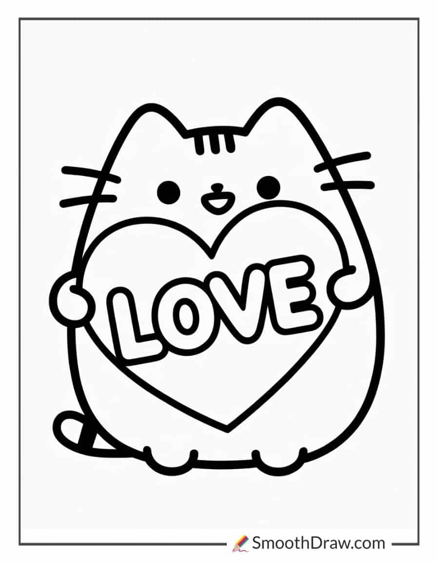 Pusheen holding a heart coloring page