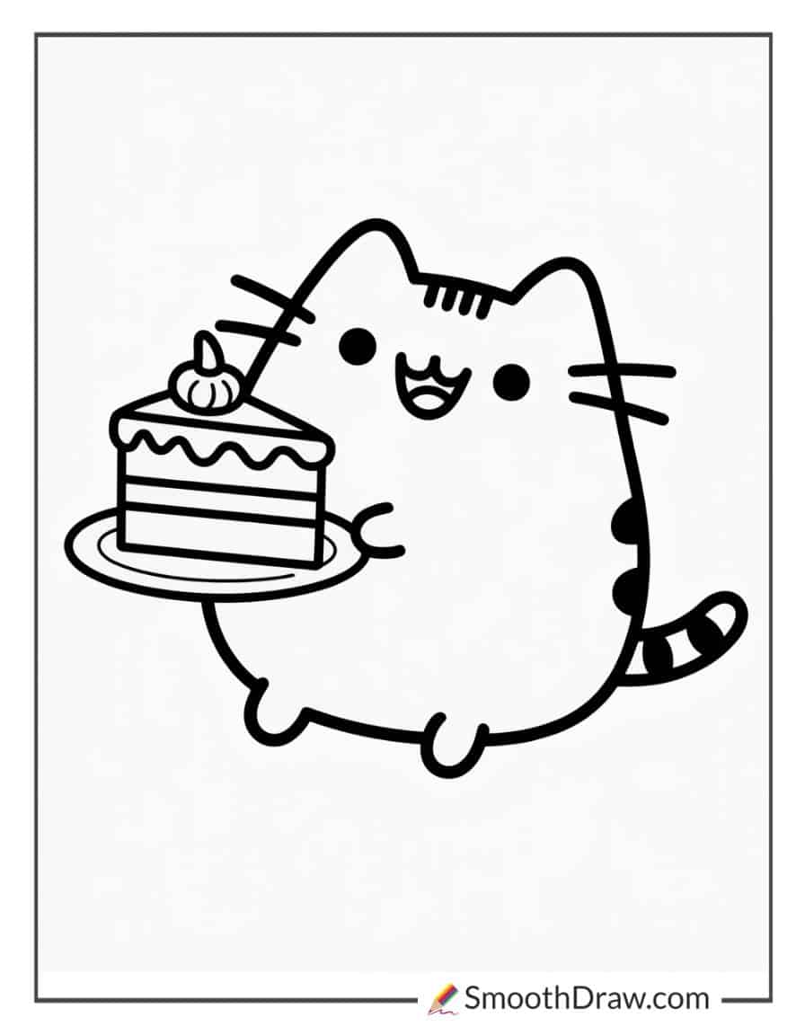 Pusheen holding a slice of cake coloring sheet