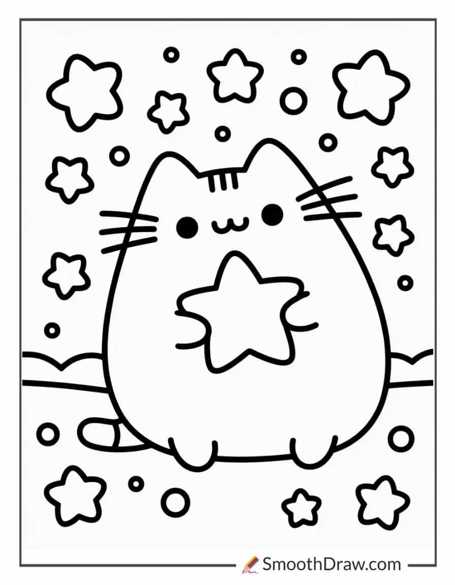 Pusheen holding a star coloring sheet