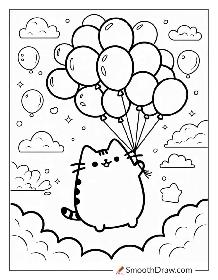 Pusheen holding balloons coloring page