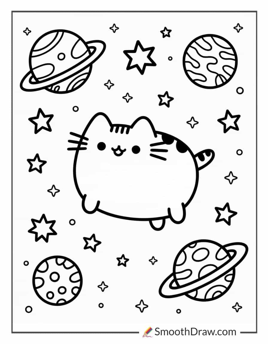 Pusheen in outer space coloring page
