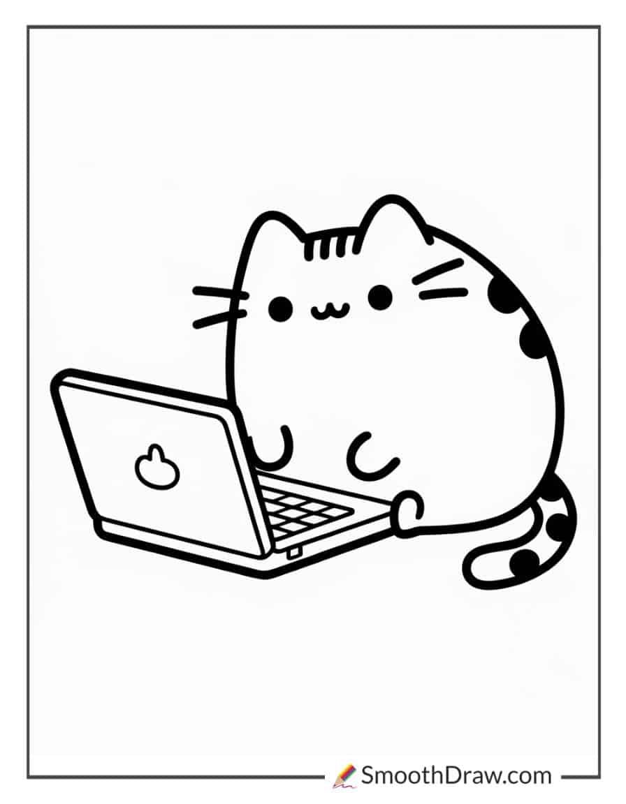 Pusheen on a laptop for coloring