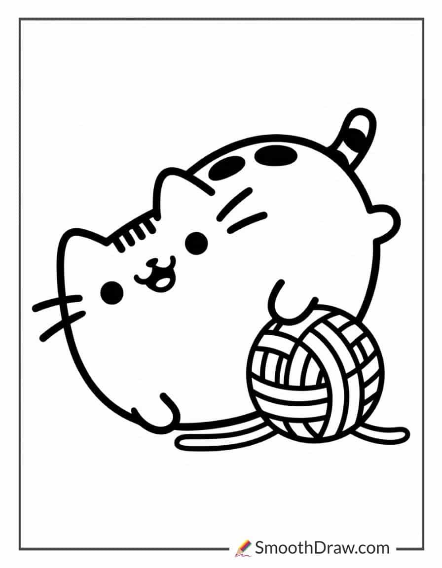 Pusheen playing with yarn coloring sheet