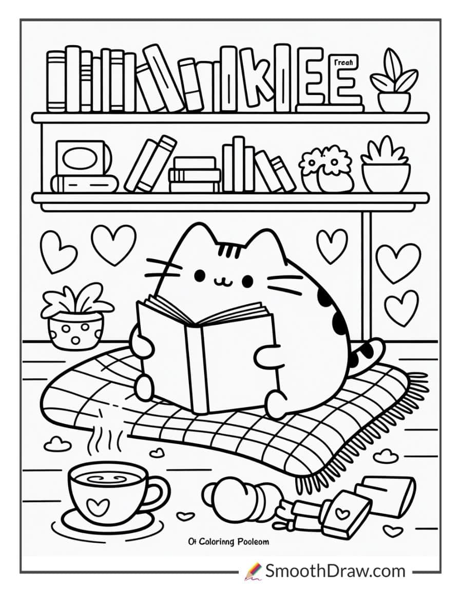 Pusheen reading a book for coloring