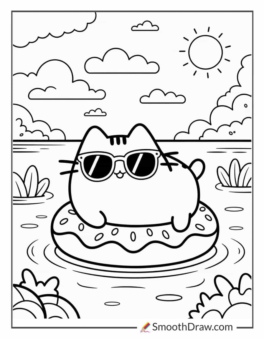 Pusheen riding a donut float coloring page