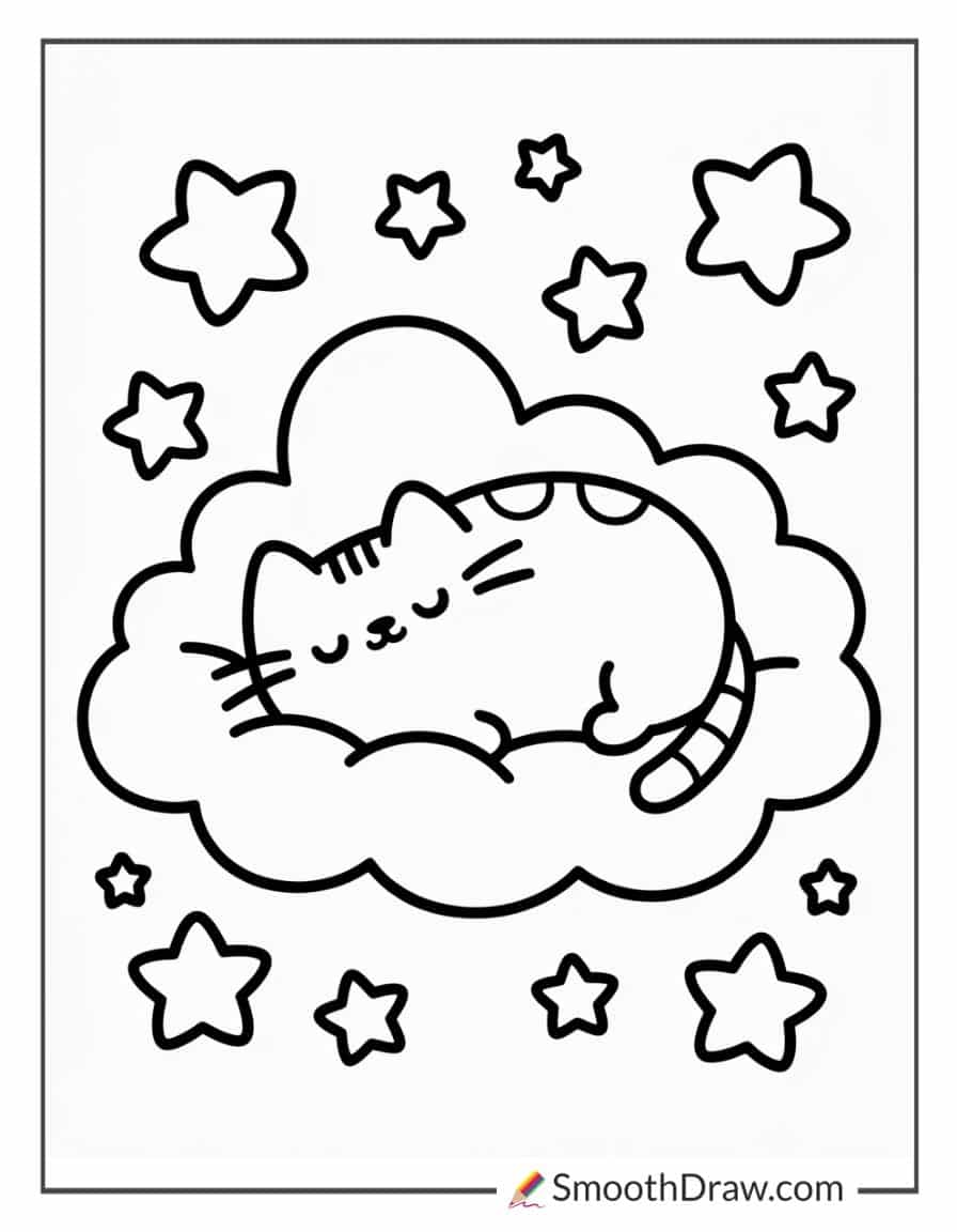 Pusheen sleeping on a cloud coloring sheet