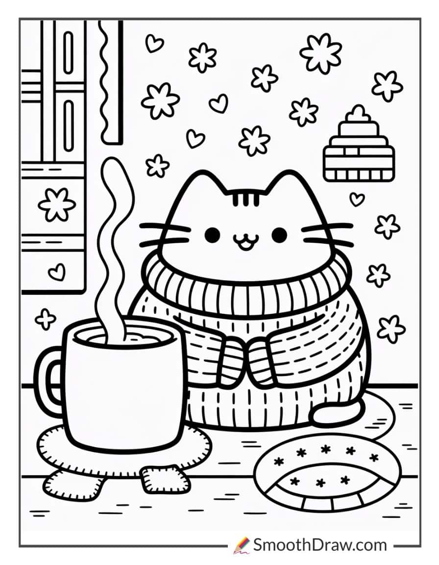 Pusheen wearing a cozy sweater for coloring
