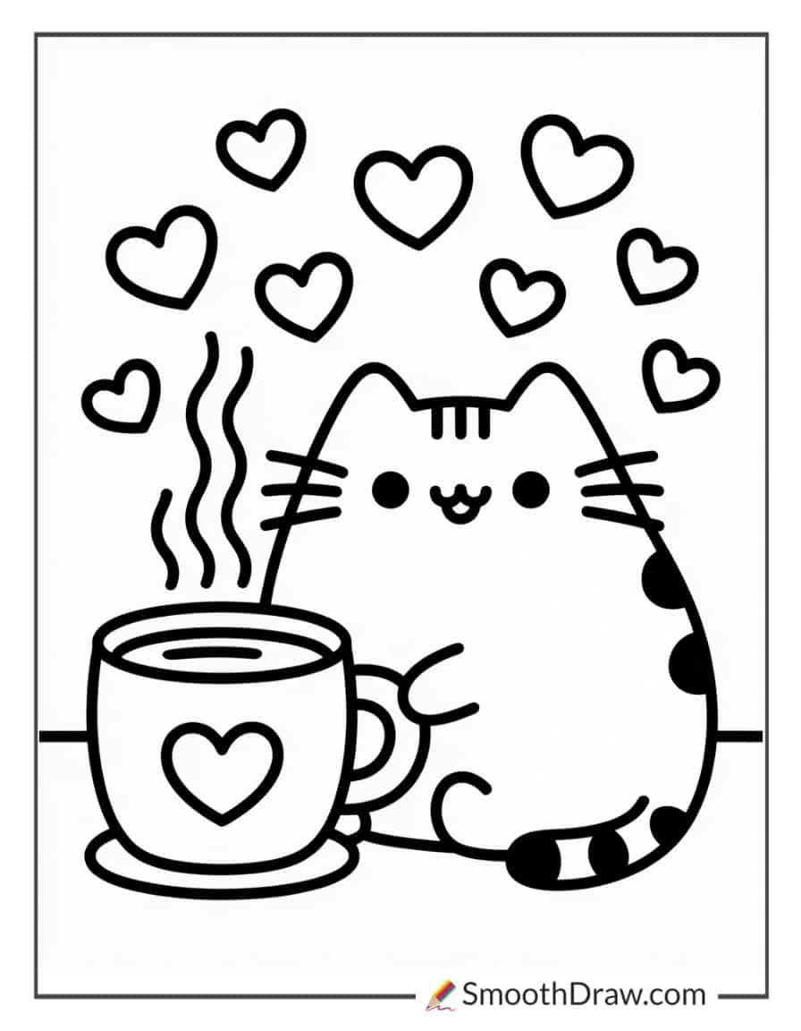 Pusheen with coffee mug coloring sheet
