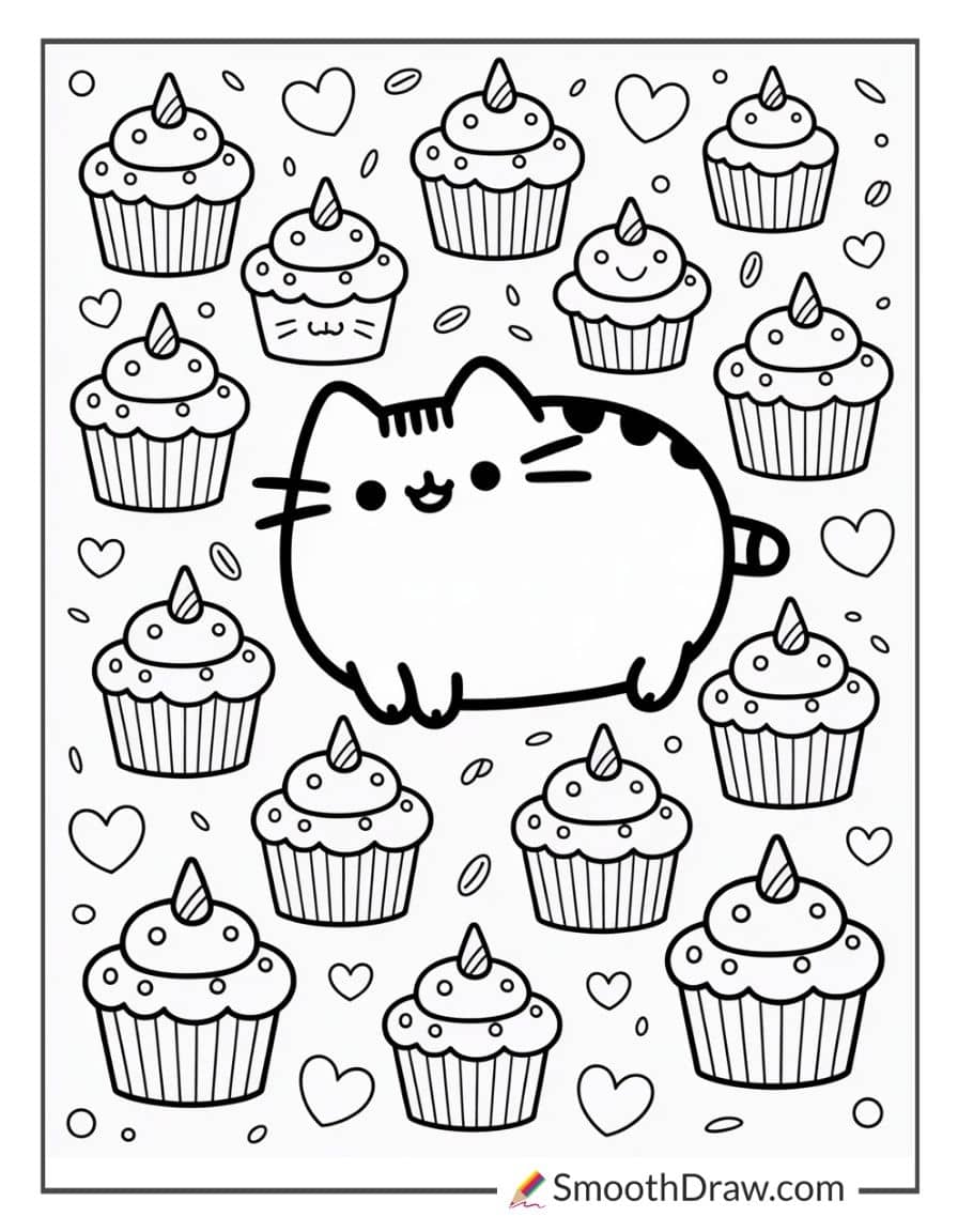 Pusheen with cupcakes for coloring