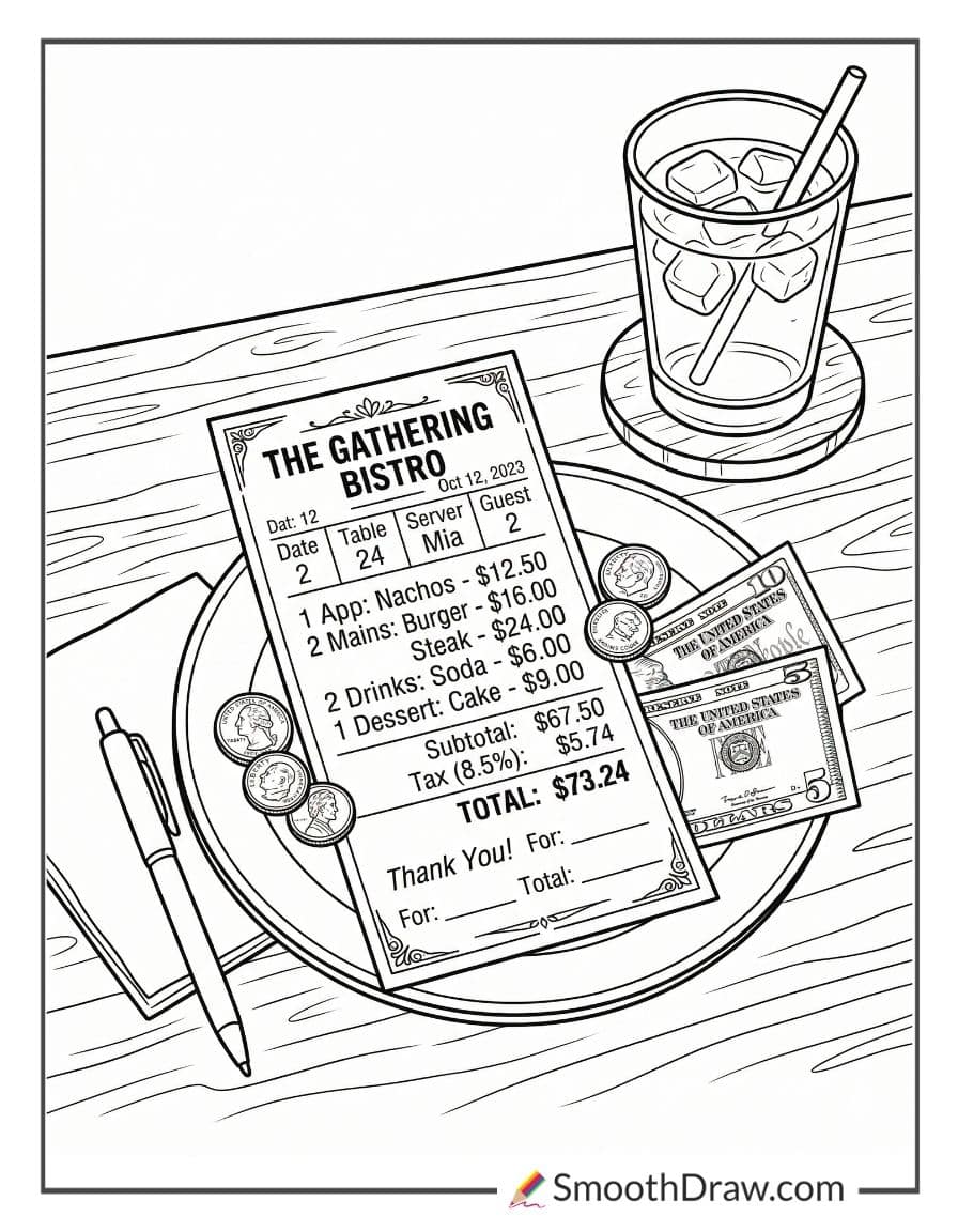 Restaurant bill and tip money coloring page
