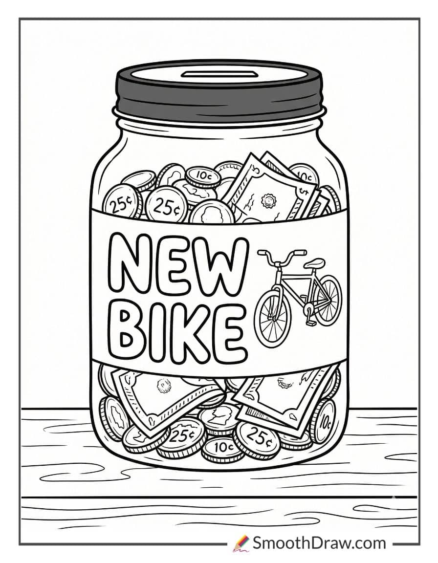Savings jar labeled new bike coloring page