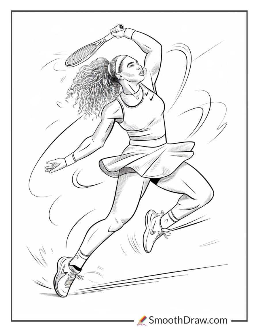 Serena Williams powerful serve coloring page