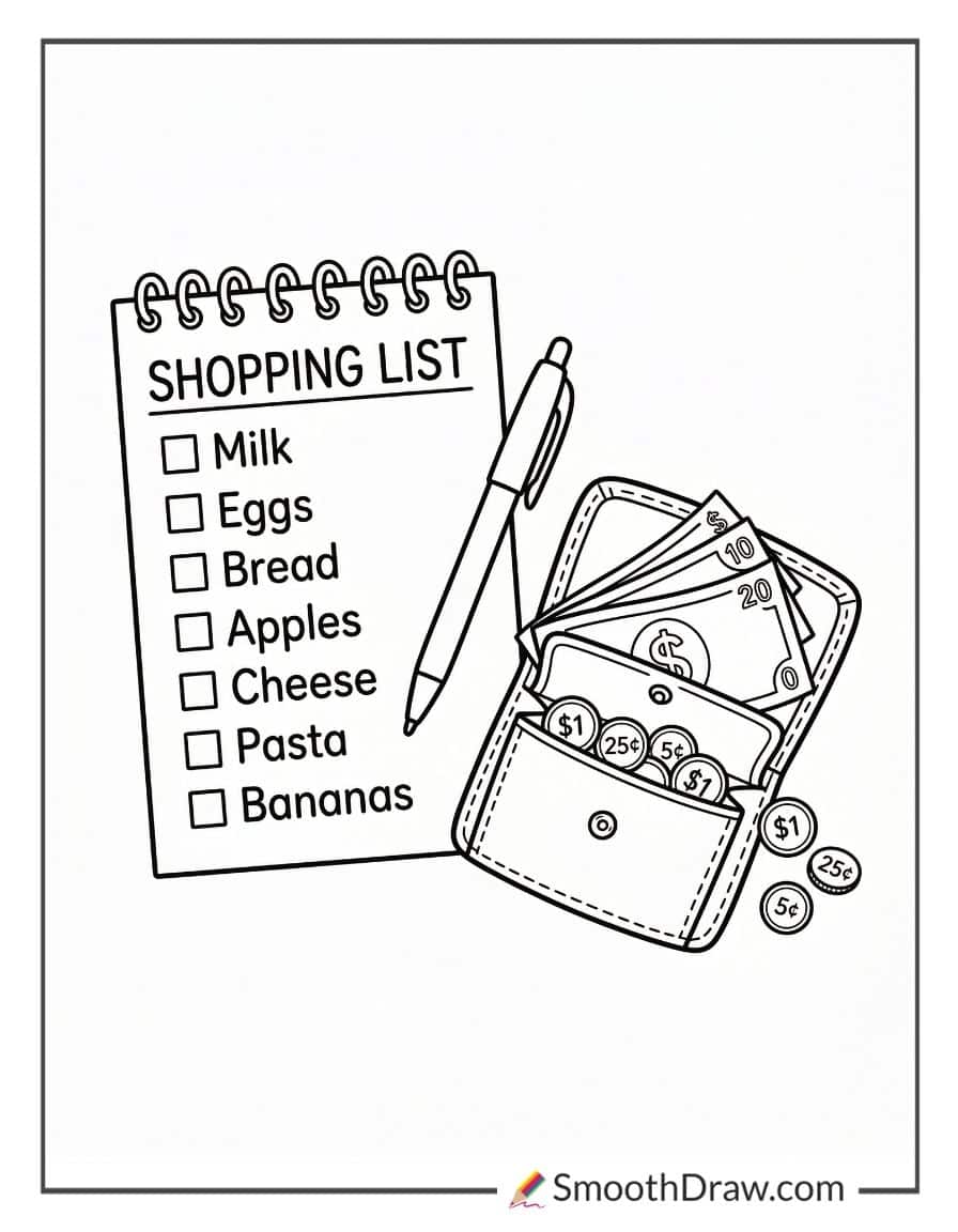 Shopping list and wallet coloring sheet