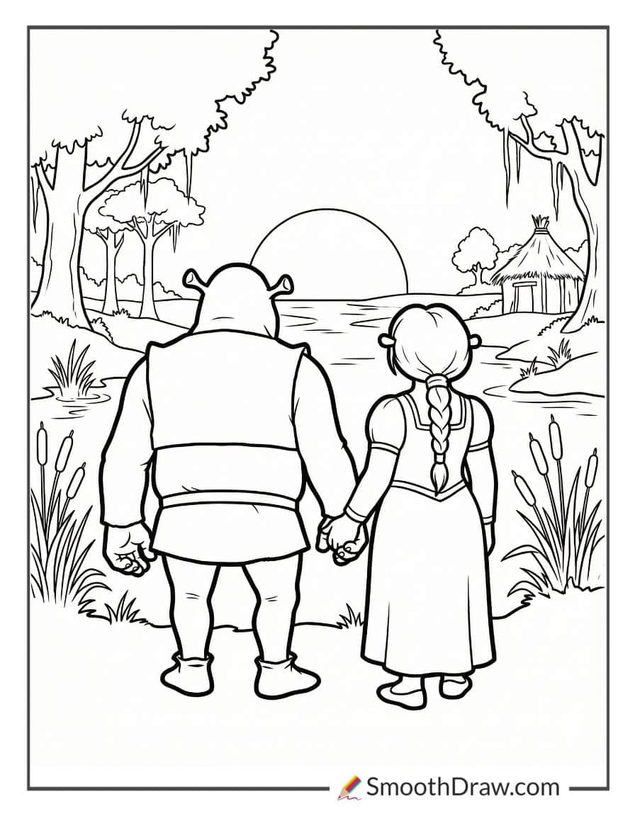 Shrek and Fiona watching the sunset