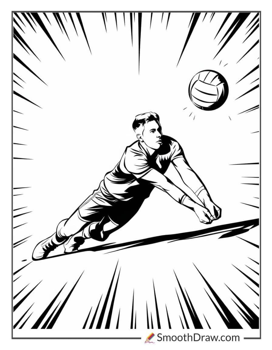 Silhouette of a volleyball player diving for the ball