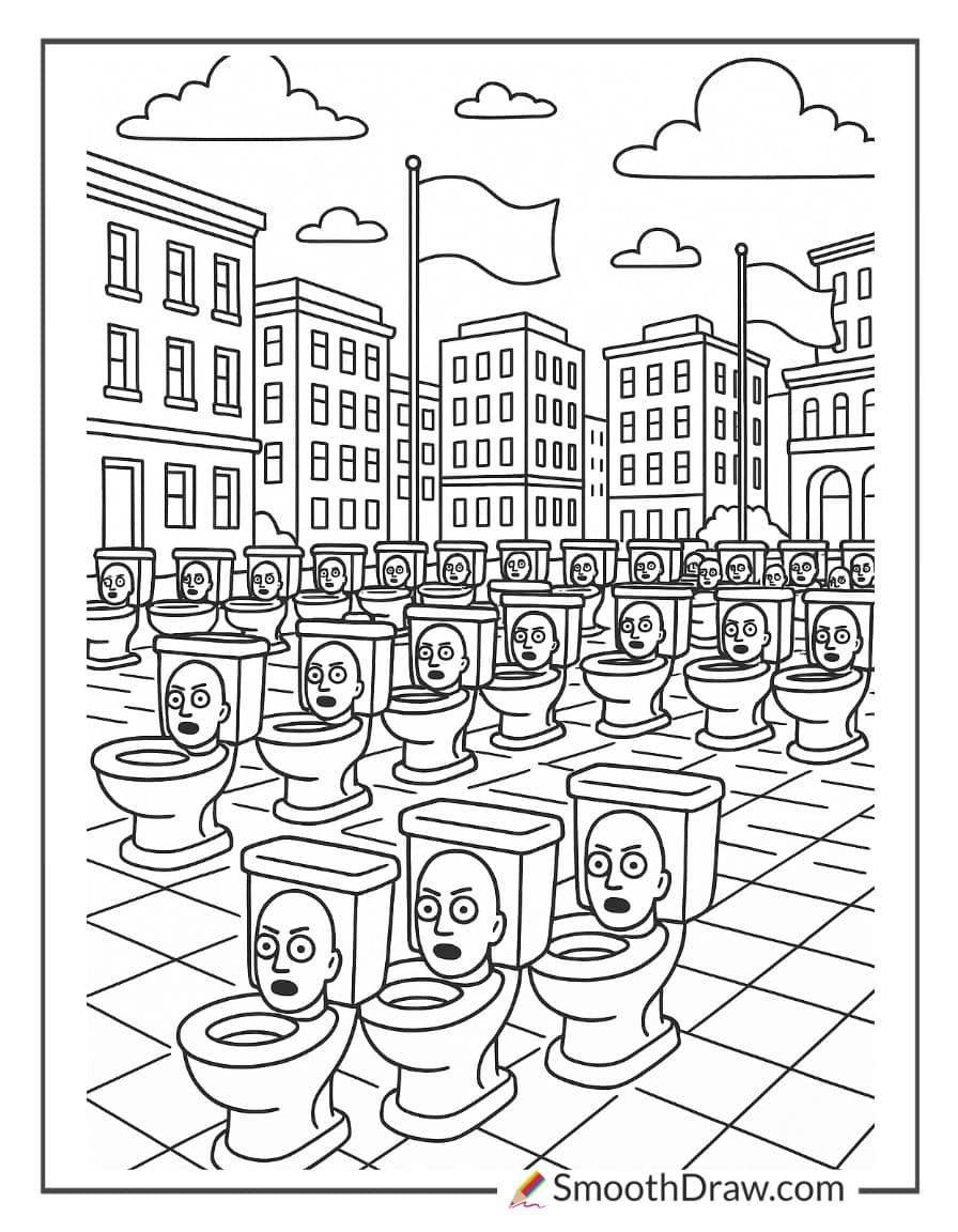 Skibidi Toilet army in city square coloring page