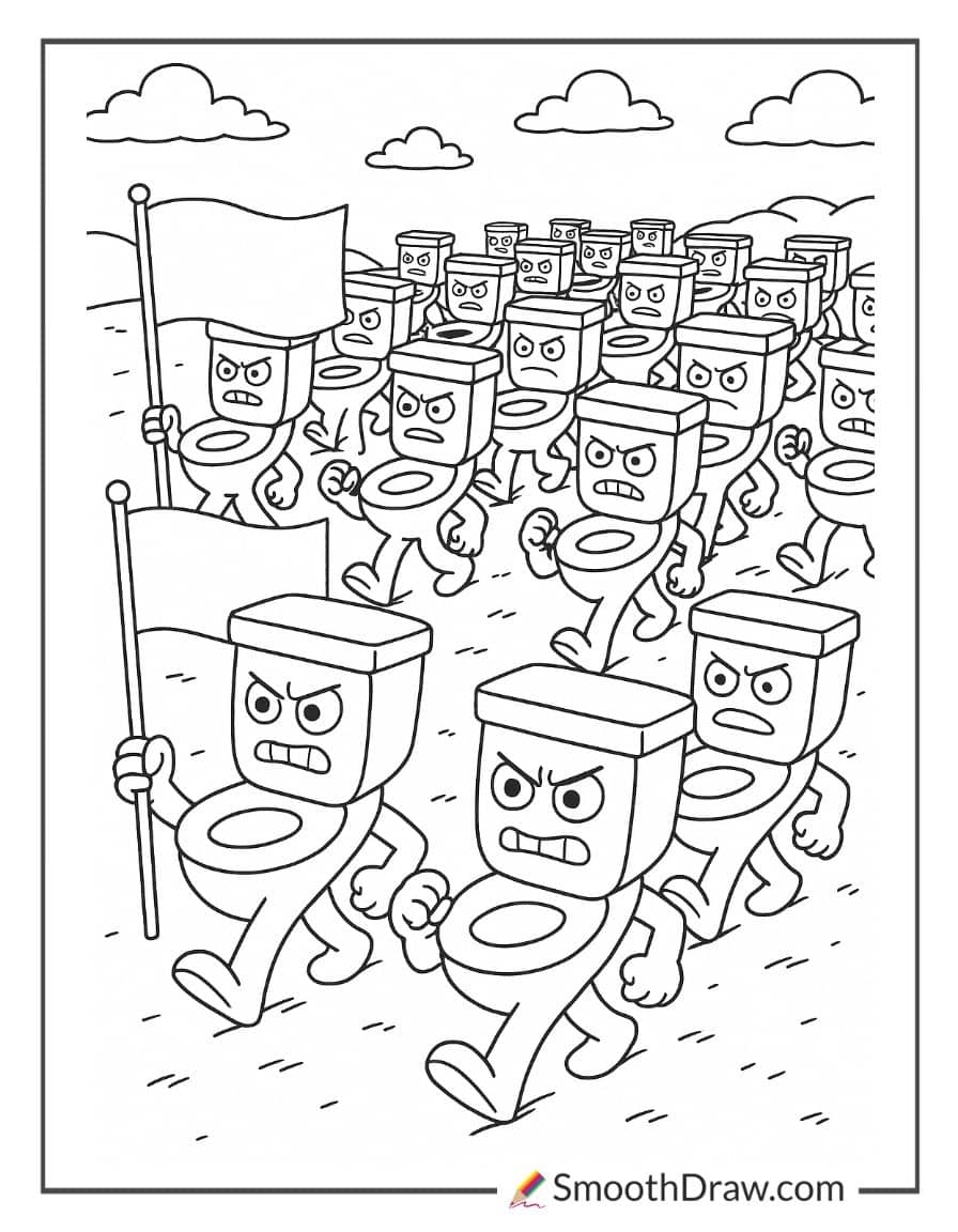 Skibidi Toilet army marching together