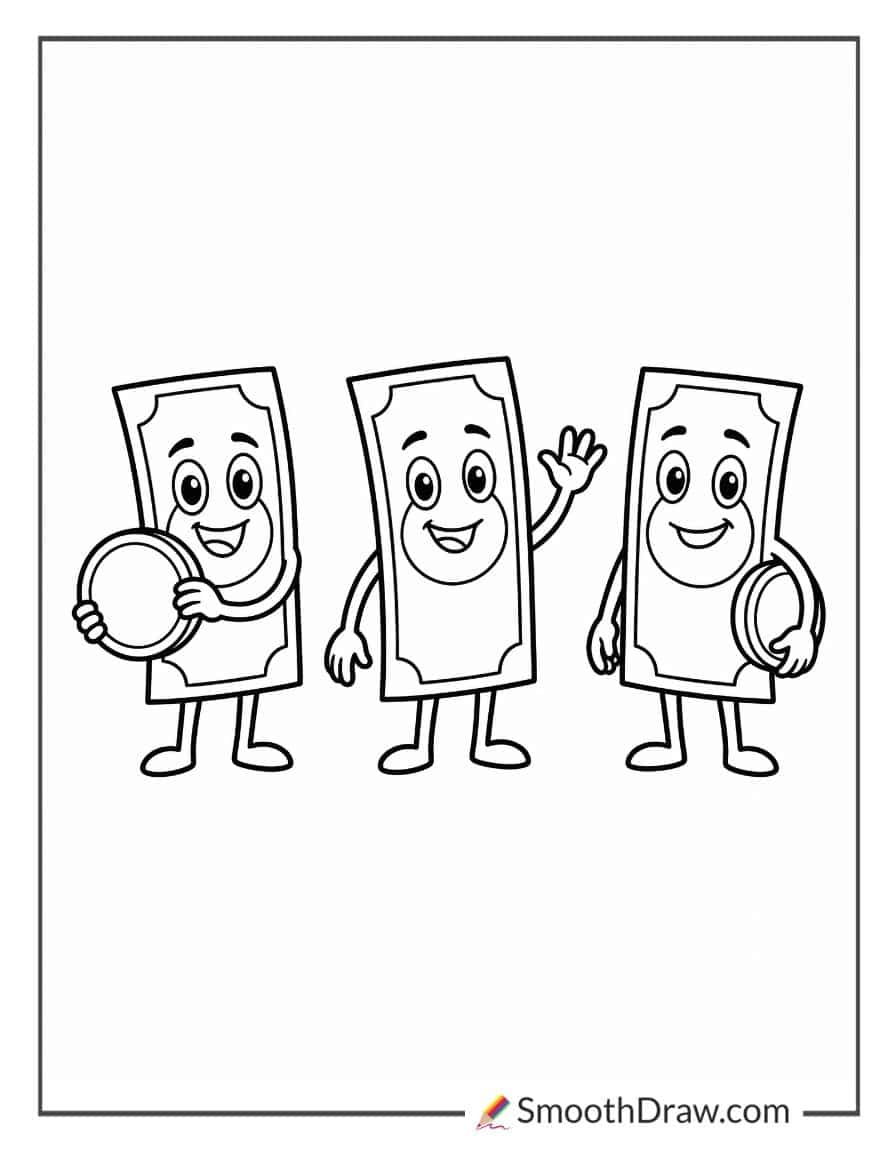 Smiling dollar bill characters for coloring