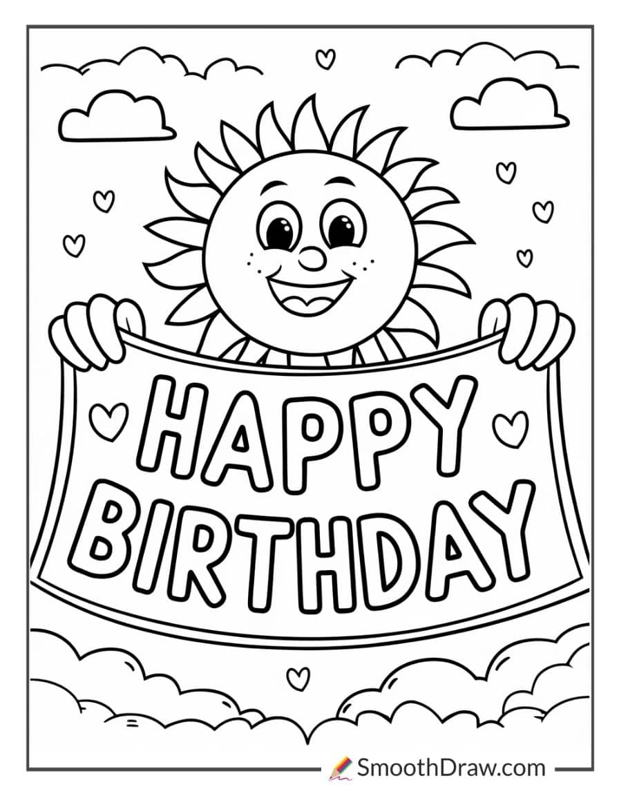Smiling sun with a birthday banner