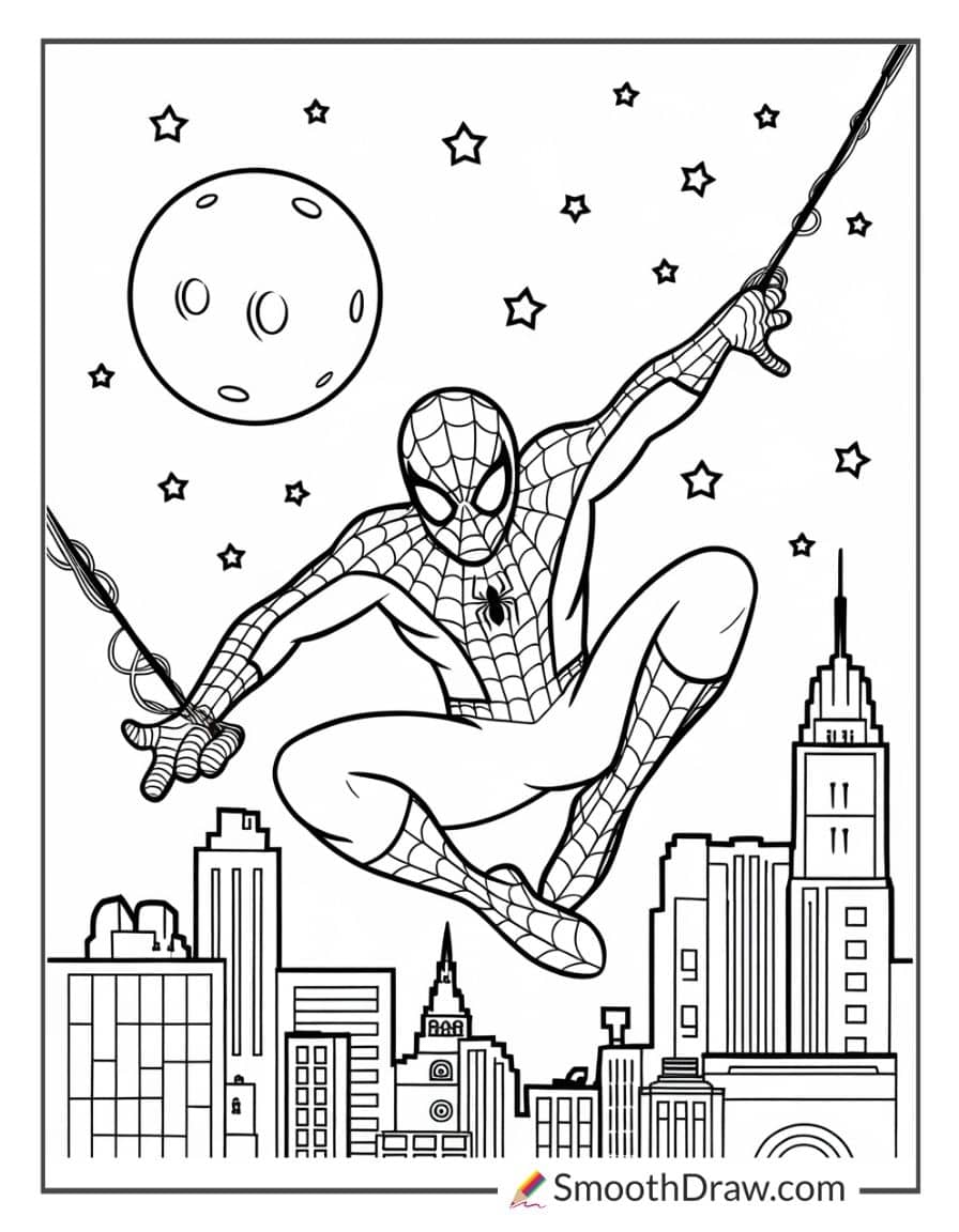 Spiderman swinging through the city