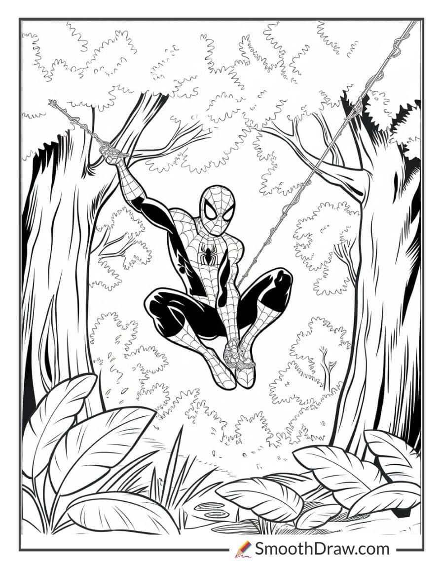 Spiderman swinging through trees