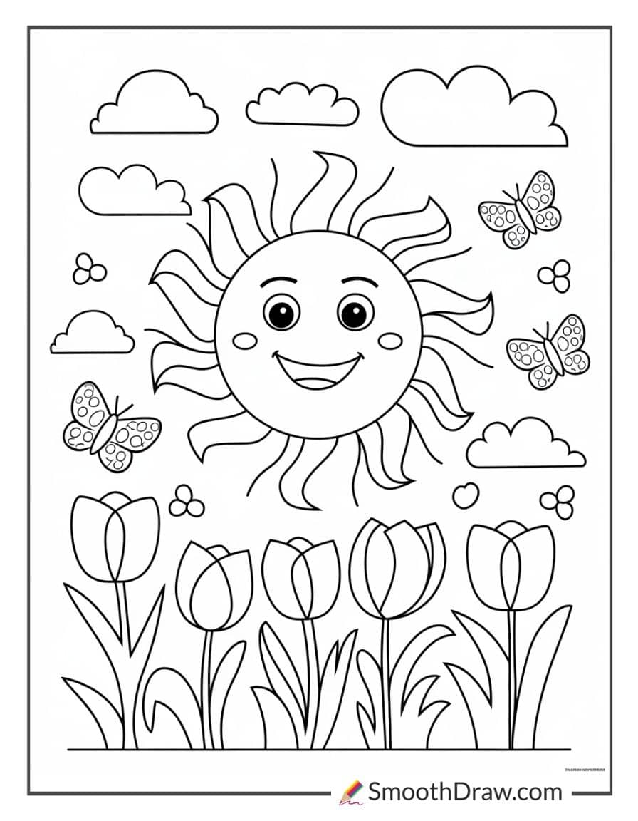 Spring Sun with Blooming Flowers