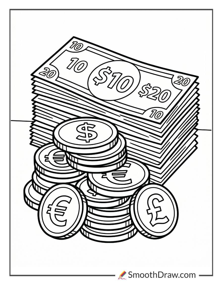 Stack of coins and bills coloring page