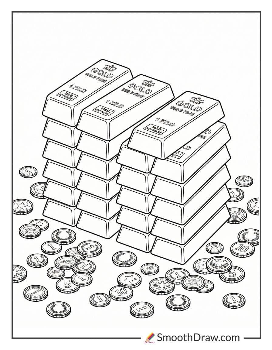 Stacked gold bars and coins coloring page