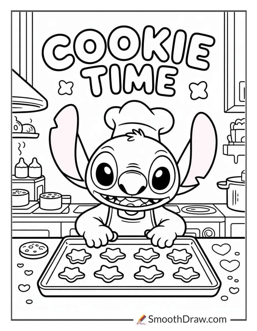 Stitch baking cookies coloring page