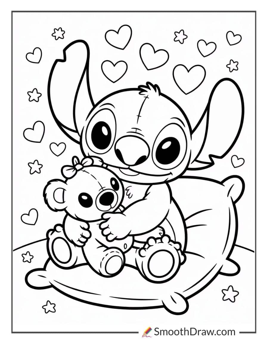 Stitch hugging a teddy bear