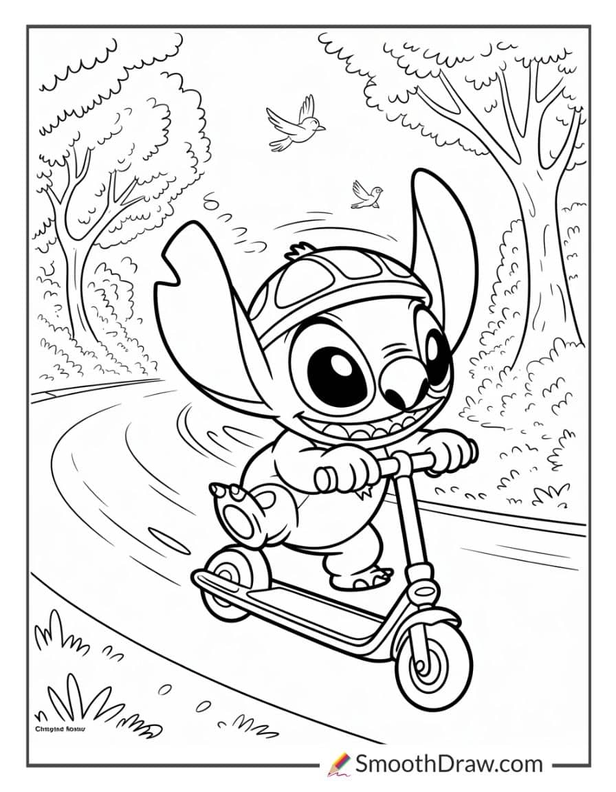 Stitch riding a scooter