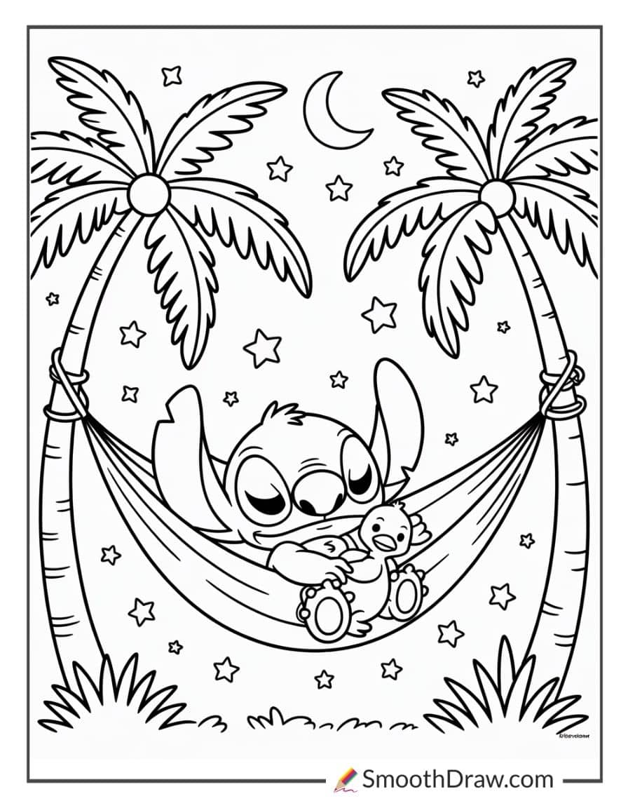 Stitch sleeping in hammock