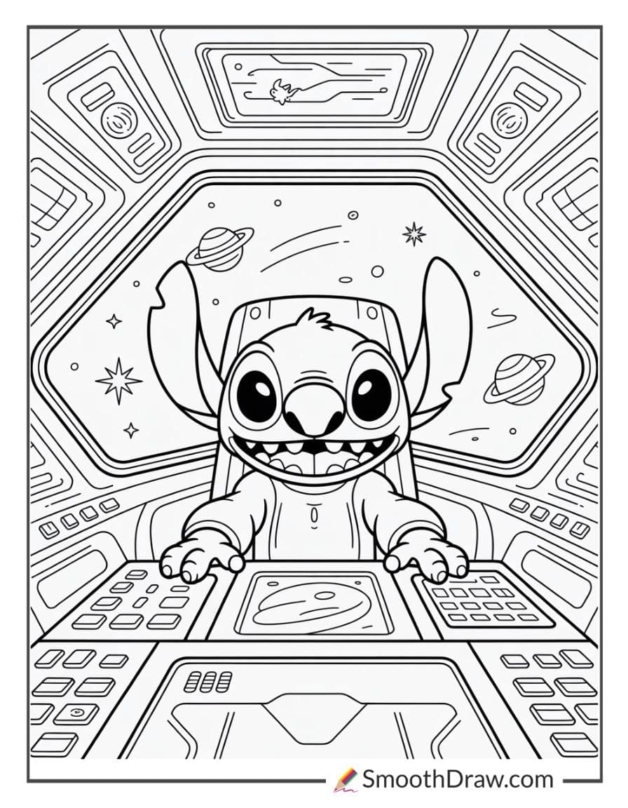 Stitch spaceship escape coloring page