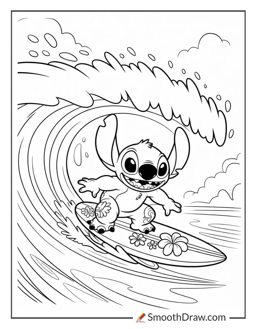 Stitch surfing coloring page