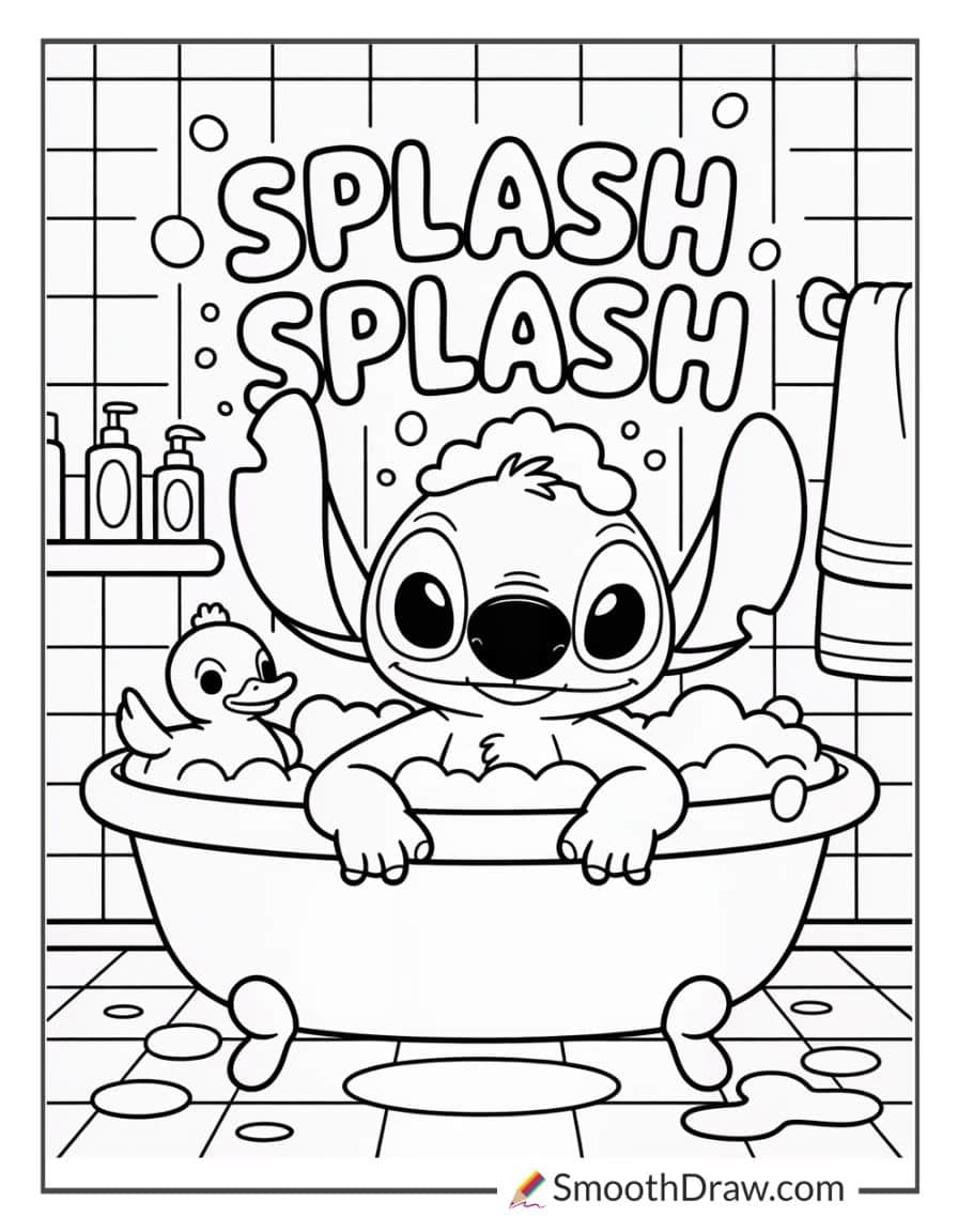 Stitch taking a bubble bath