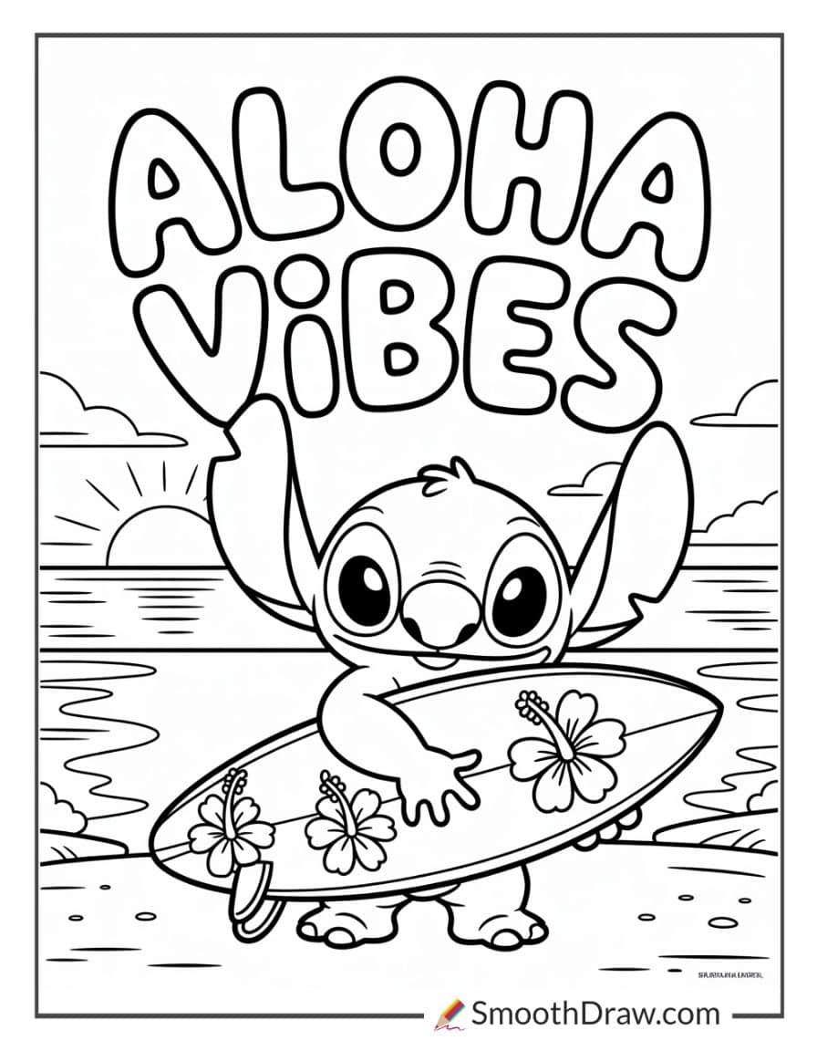 Stitch with surfboard at sunset